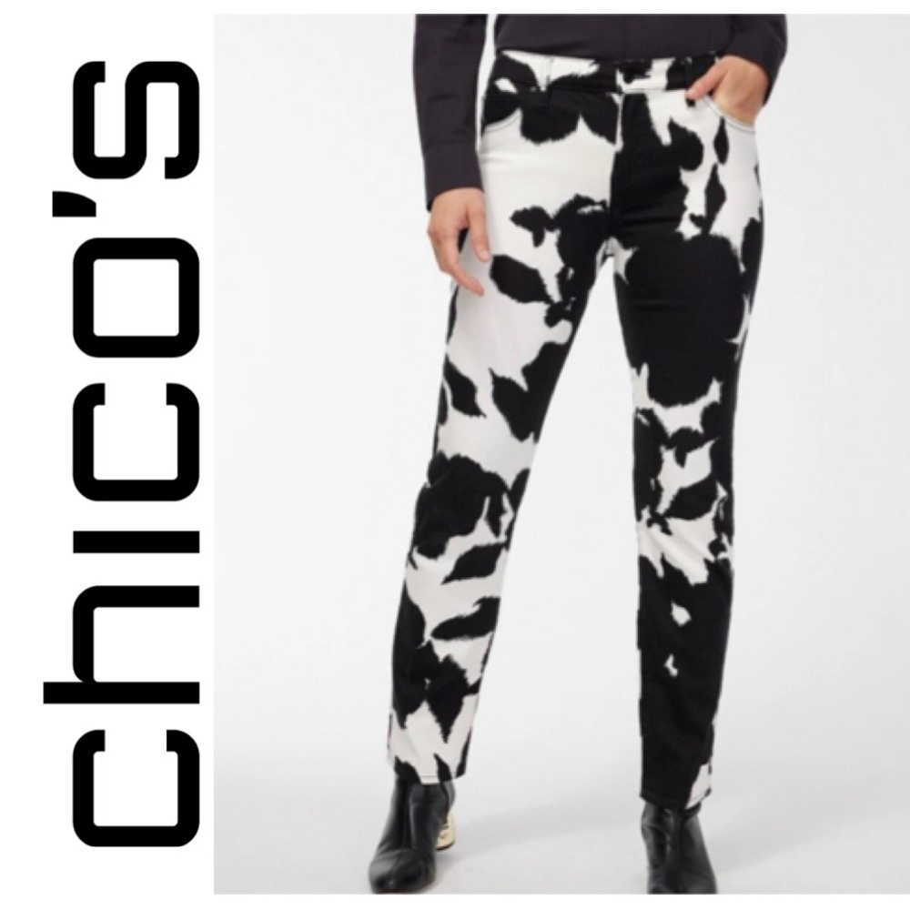 CHICO'S So Slimming Girlfriend Slim Leg Ankle Jeans Cow Western Rodeo Sleek 10P